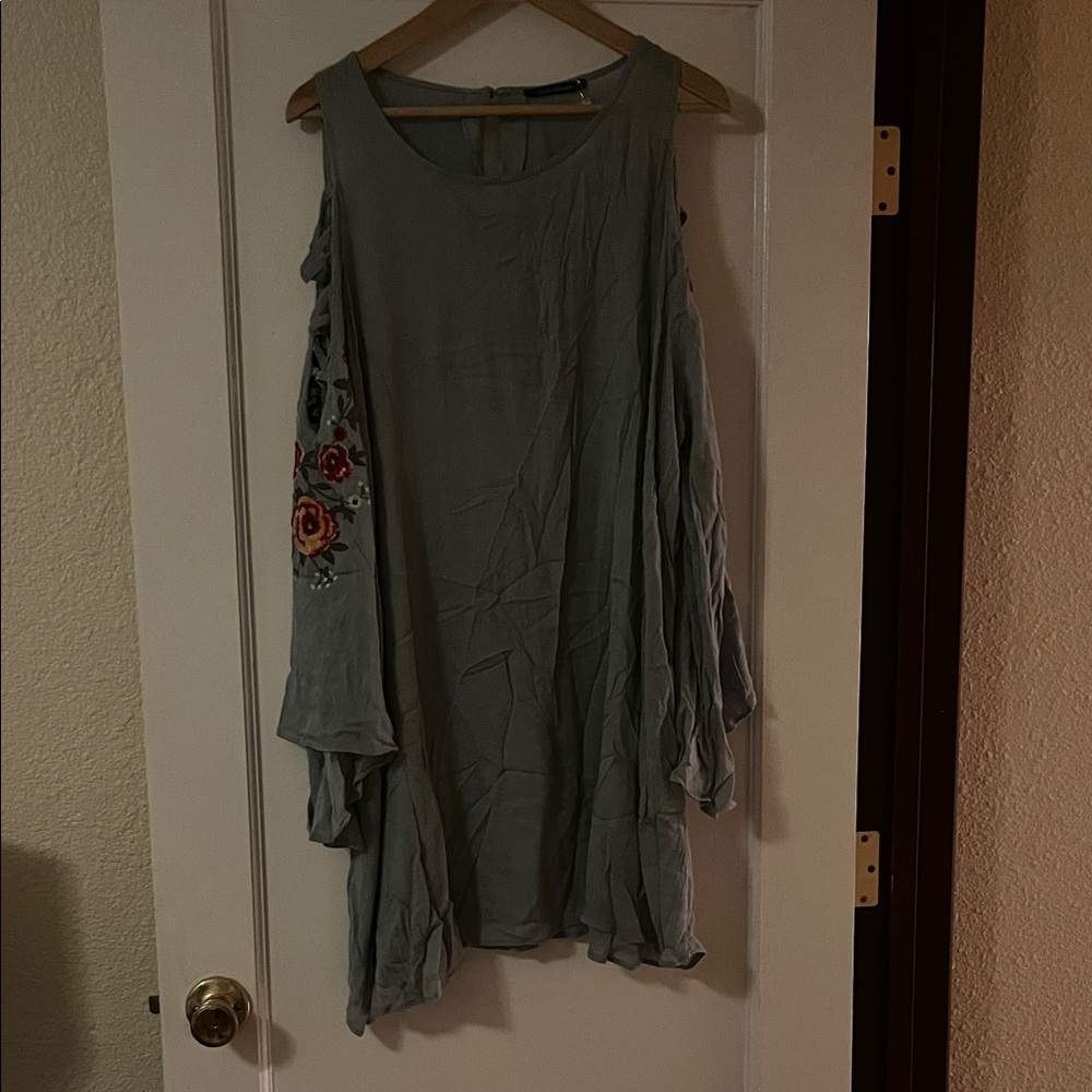 Sage green Cold Shoulder Dress with Floral Embroidery